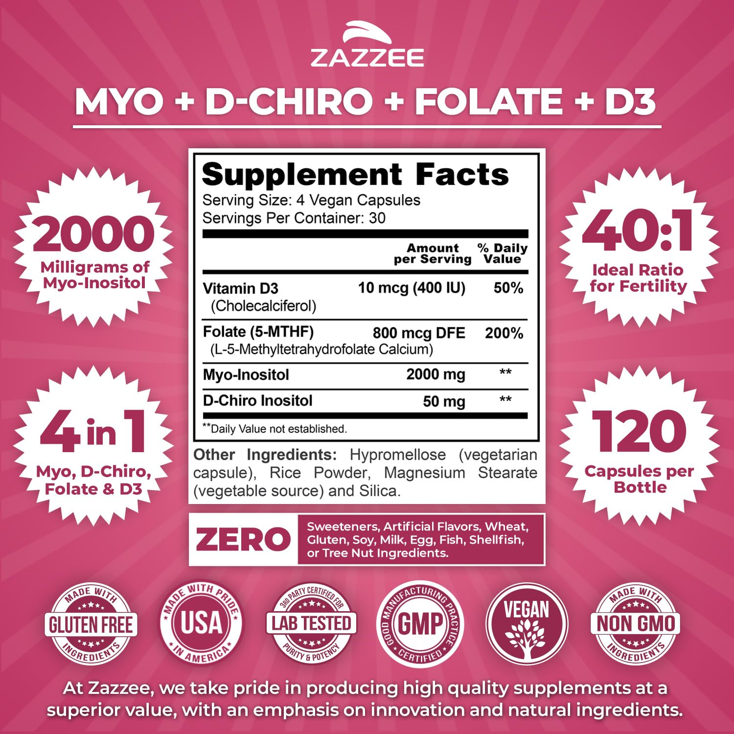 Etiqueta del producto Zazzee Myo-D-Chiro Inositol, destaca la proporción 40:1 y pureza.