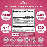 Etiqueta del producto Zazzee Myo-D-Chiro Inositol, destaca la proporción 40:1 y pureza.