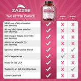 Zazzee Myo-D-Chiro Inositol, uso diario recomendado para apoyo hormonal femenino.