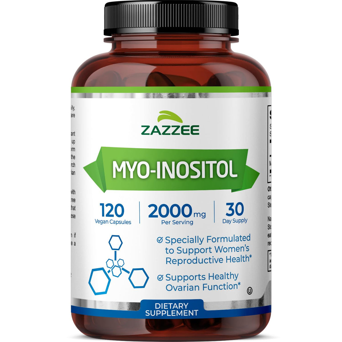 Cápsulas Zazzee Mio-Inositol en bote, dosis de 2000 mg por porción para uso diario.
