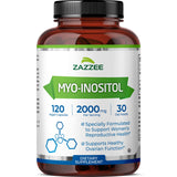 Cápsulas Zazzee Mio-Inositol en bote, dosis de 2000 mg por porción para uso diario.