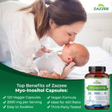 Cápsulas Zazzee Mio-Inositol, dosificación 2000 mg y relación 40:1 para equilibrio hormonal.