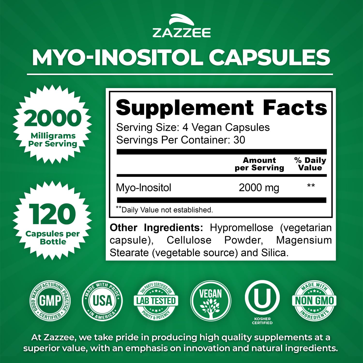 Cápsulas Kosher certificadas de Zazzee Mio-Inositol para uso diario.