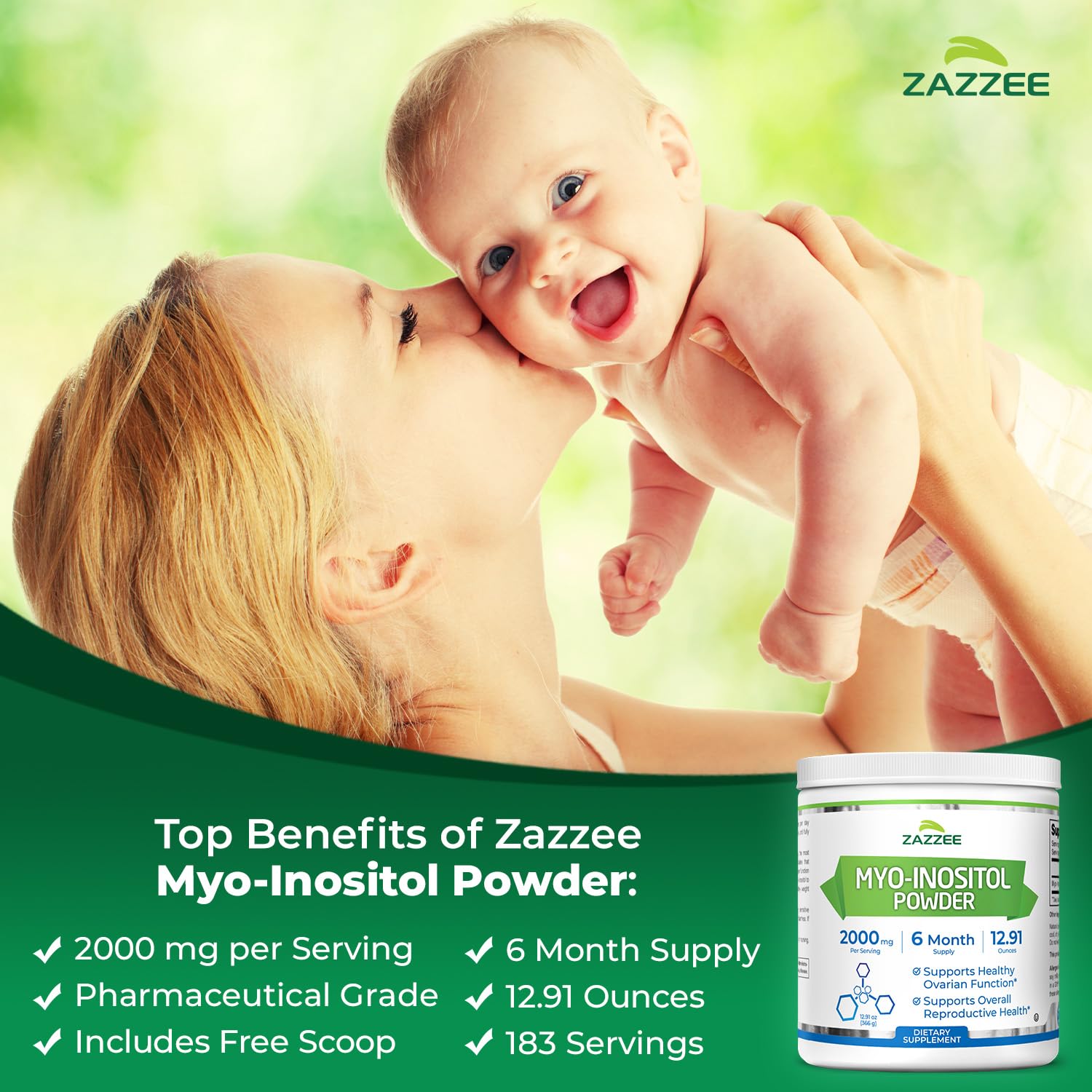 Porción de 2000 mg en cada medida de Zazzee Myo-Inositol