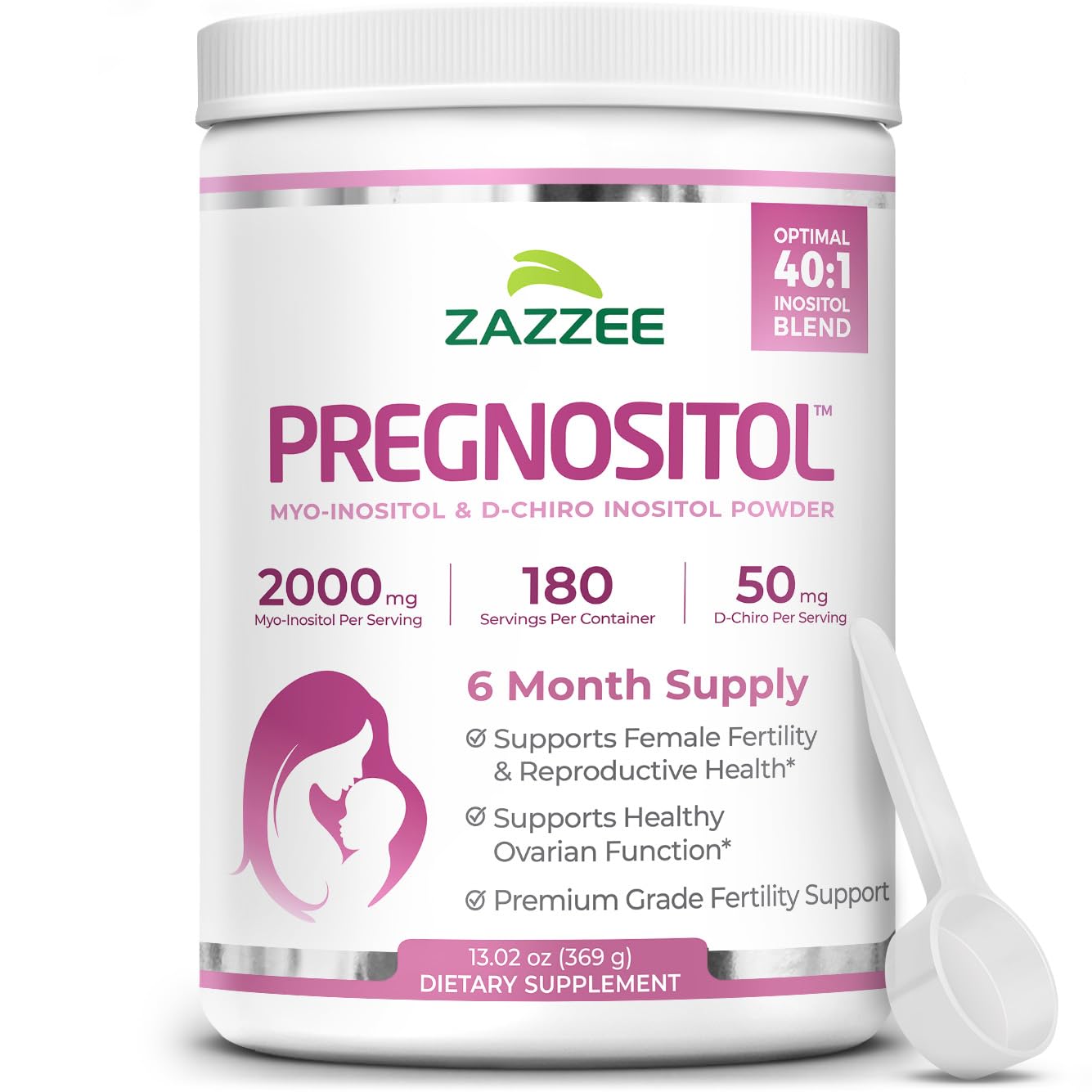 Zazzee PREGNOSITOL, botella de seis meses con porciones exactas para dosis consistentes.