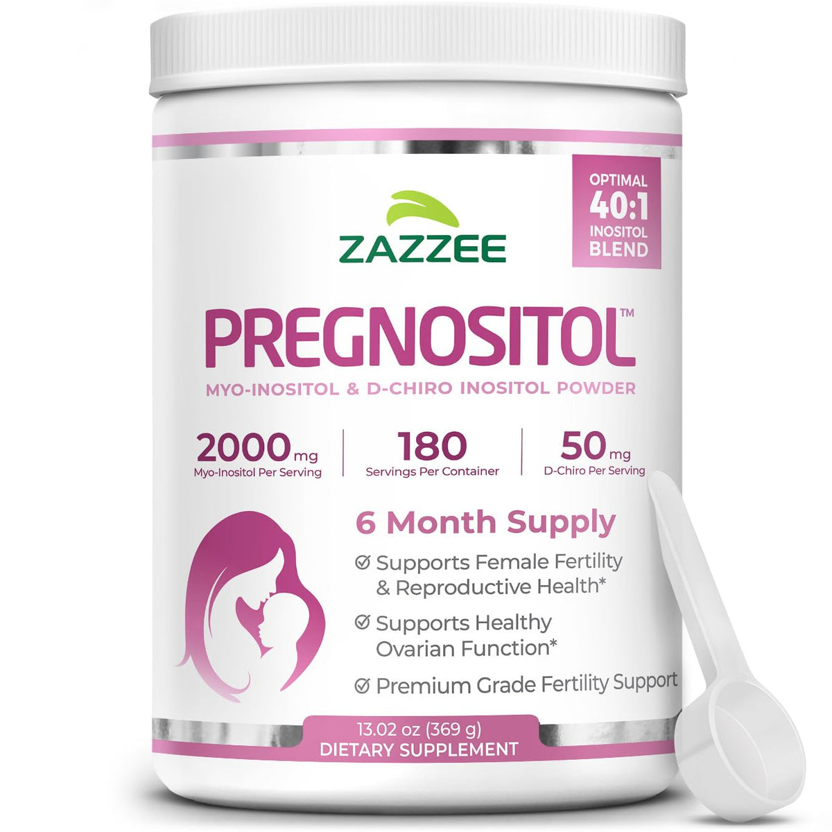 Zazzee PREGNOSITOL, botella de seis meses con porciones exactas para dosis consistentes.