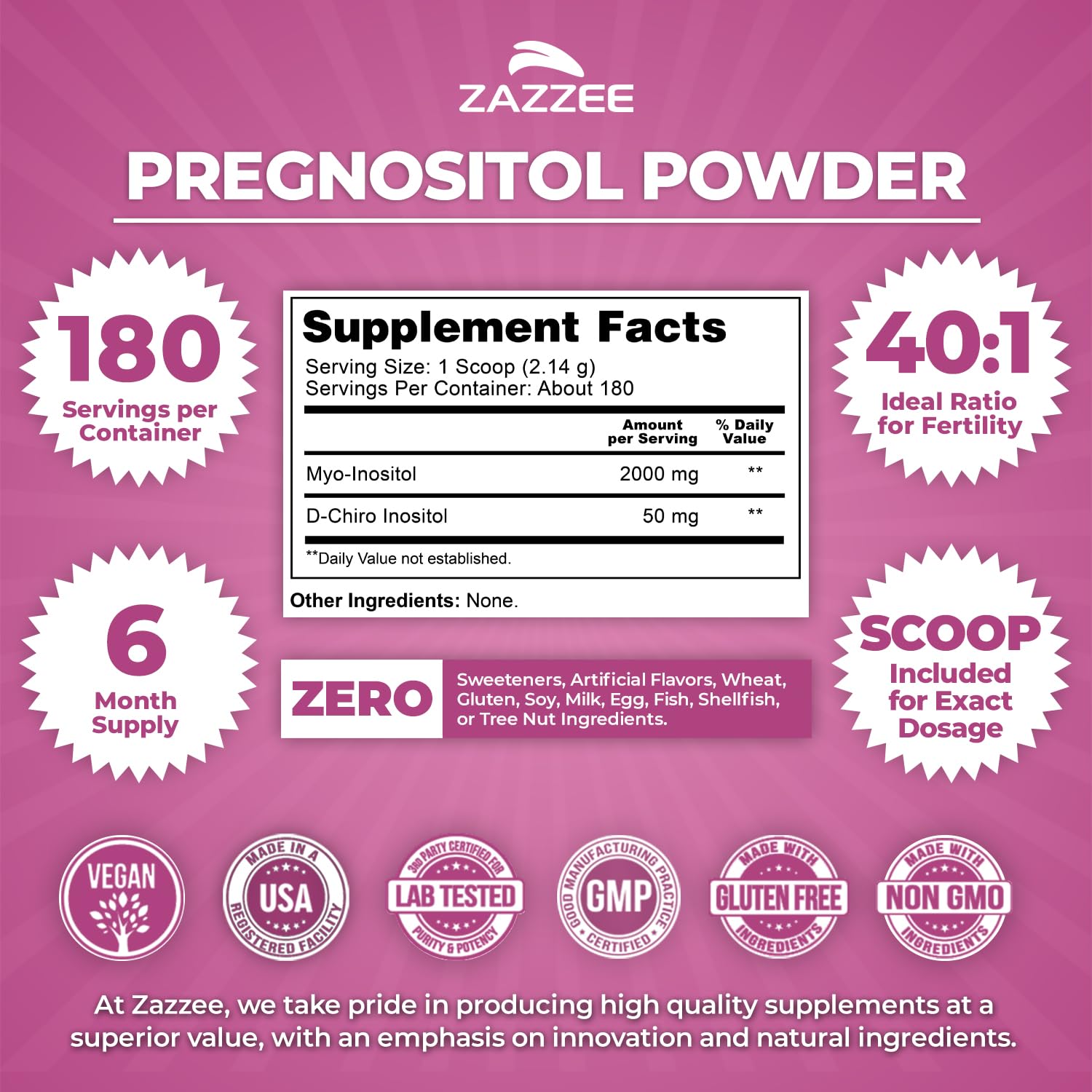 Zazzee PREGNOSITOL, cuchara de medida incluida para dosificación precisa.