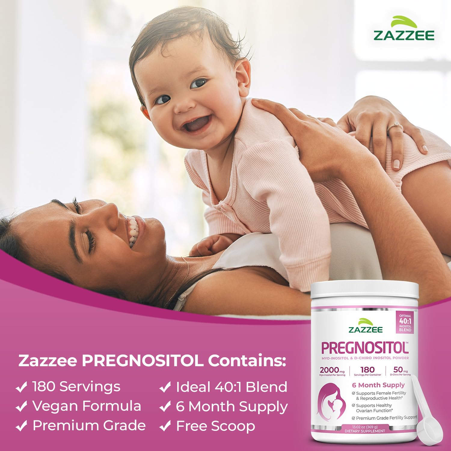 Zazzee PREGNOSITOL, mezcla 40:1 ideal para apoyo reproductivo.
