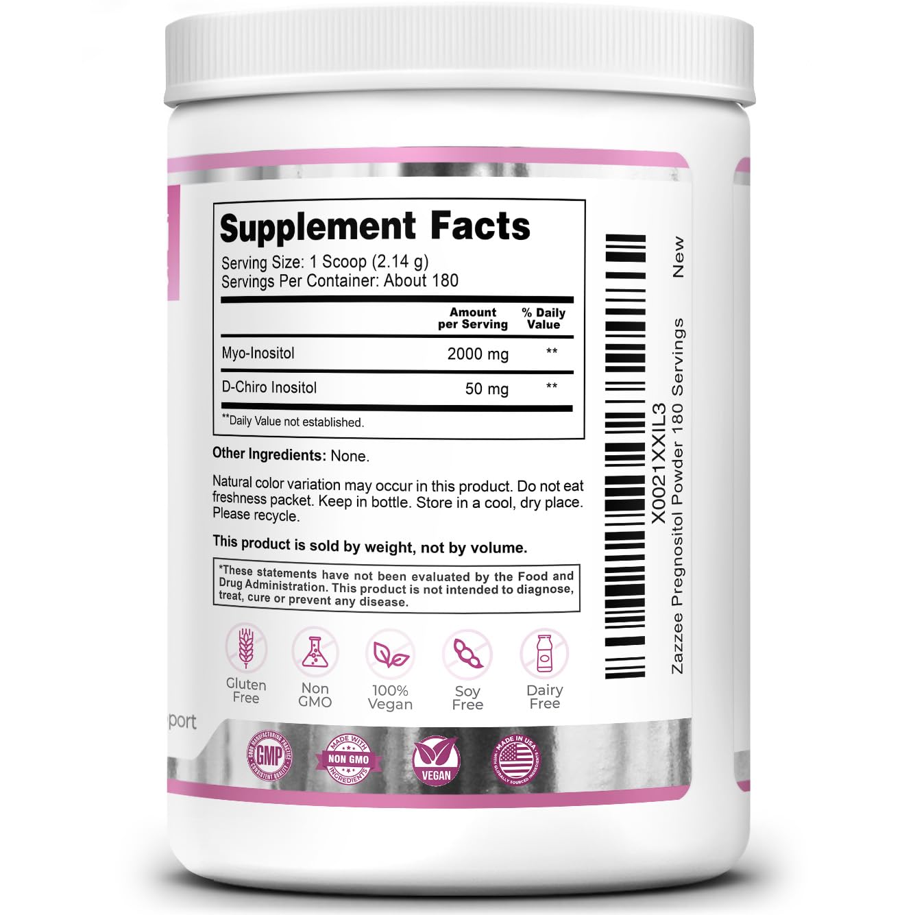 Zazzee PREGNOSITOL, producción en EE. UU. con control de calidad riguroso.