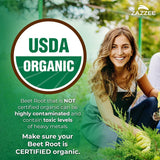 Zazzee Remolacha Orgánica 20:1, etiqueta que resalta certificado USDA Orgánico.