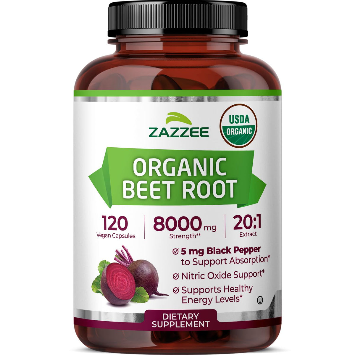 Zazzee Remolacha Orgánica 20:1, botella destacada para uso diario y apoyo natural de energía.