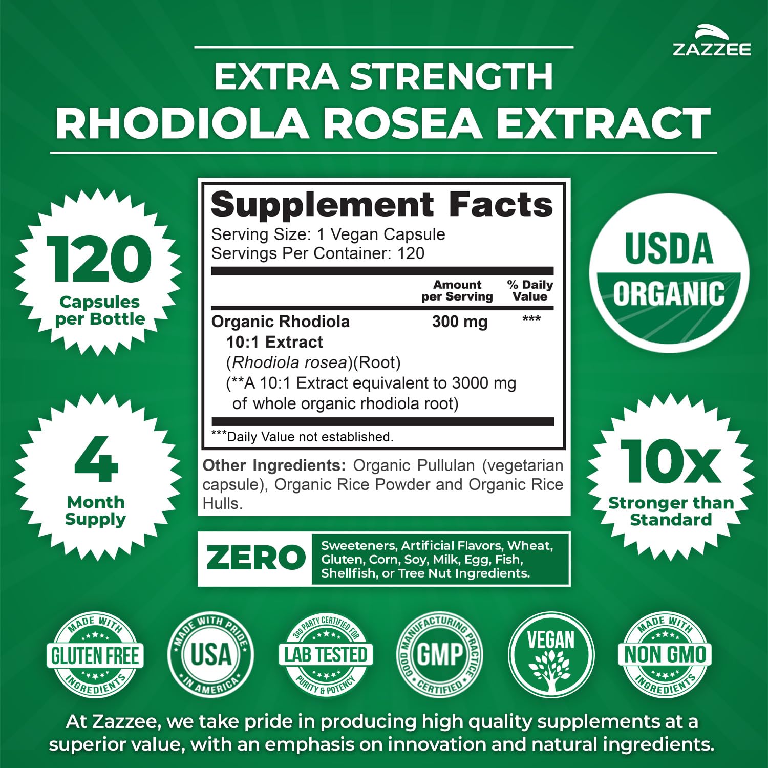 Cápsulas de Rhodiola Zazzee para energía sostenida