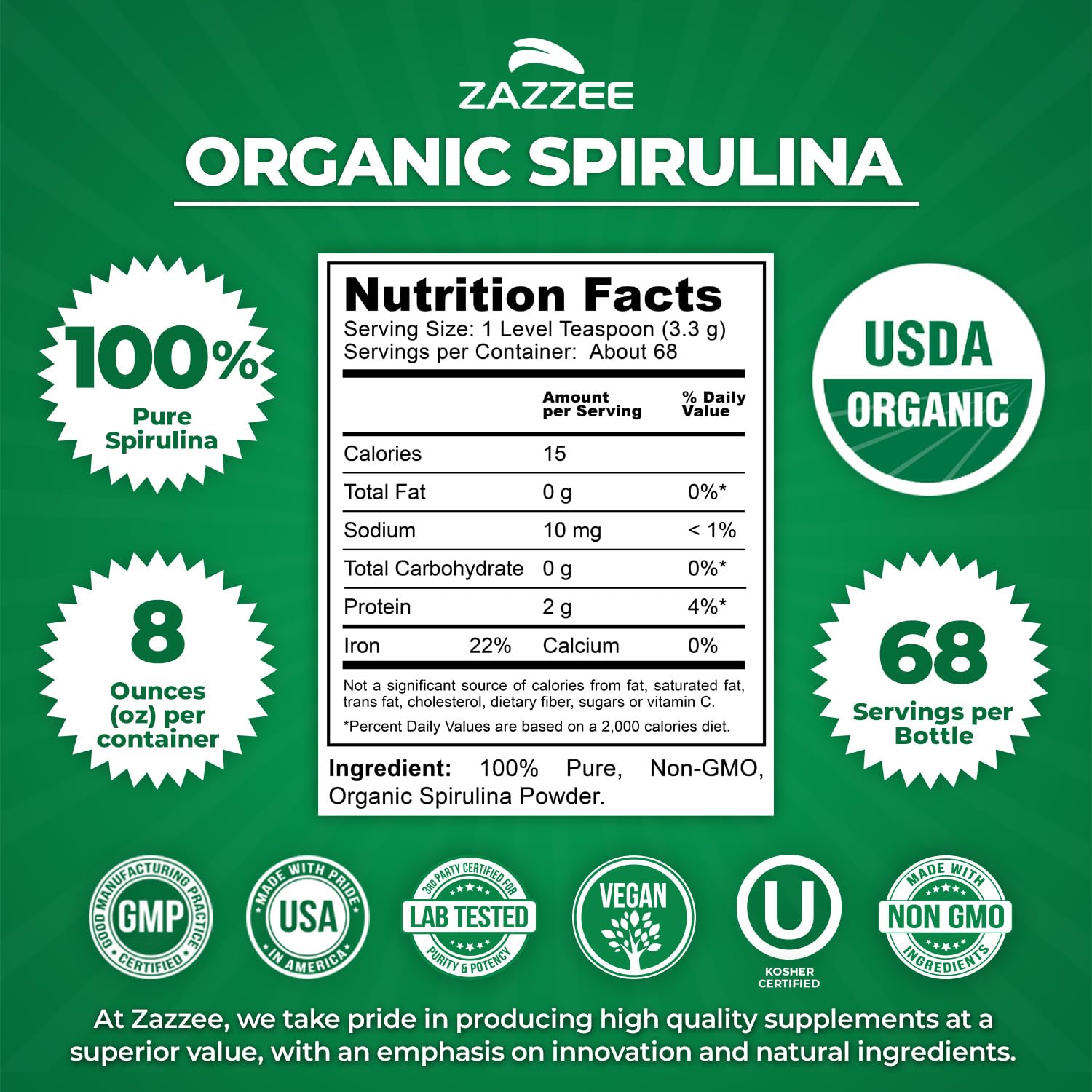 Zazzee Spirulina 100% pura certificada USDA para una dieta equilibrada