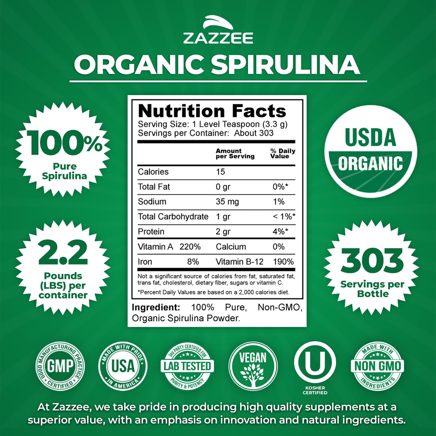 Zazzee Spirulina etiqueta USDA Organic, confianza certificada para compra segura.