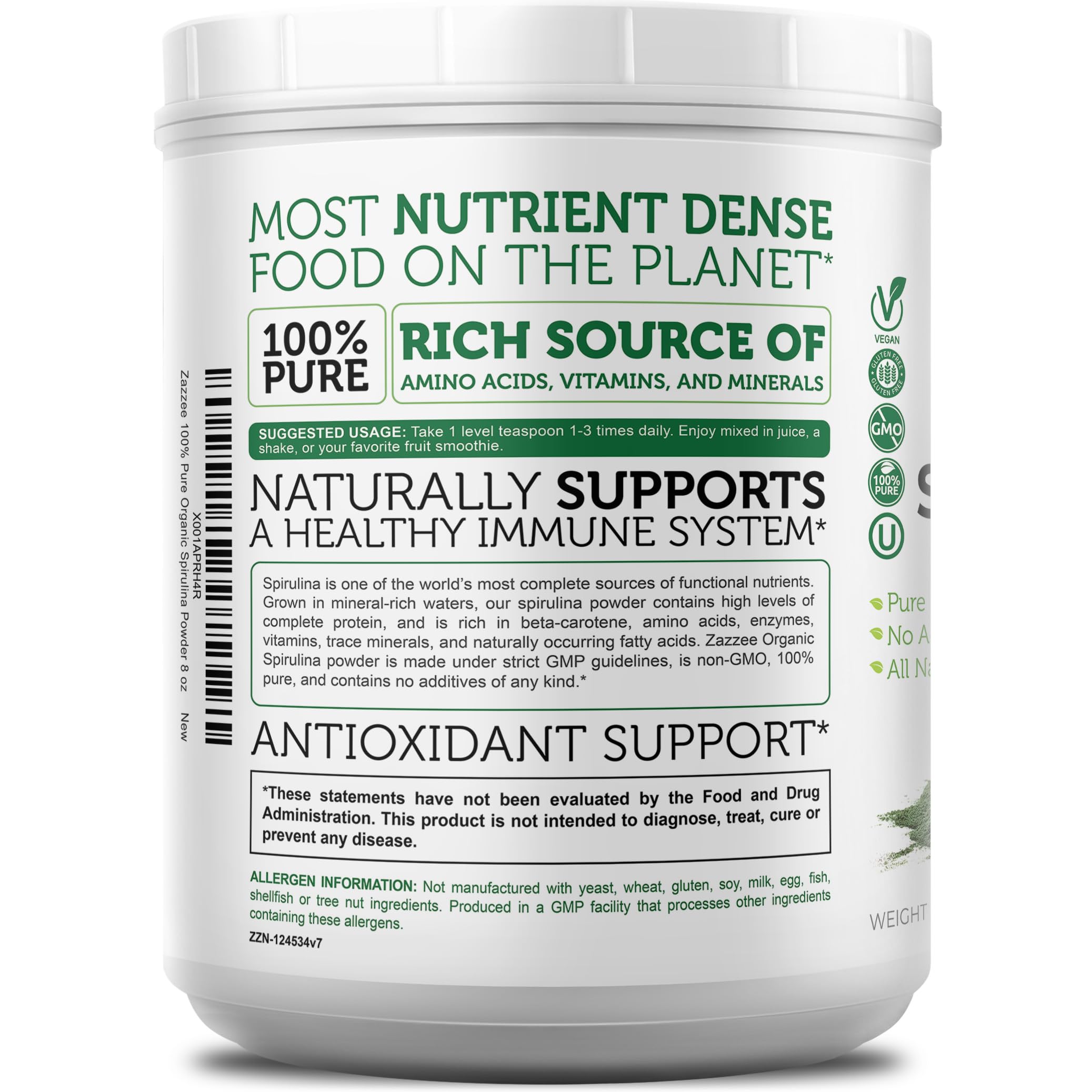 Zazzee Spirulina fabricada en EE. UU. con control de calidad