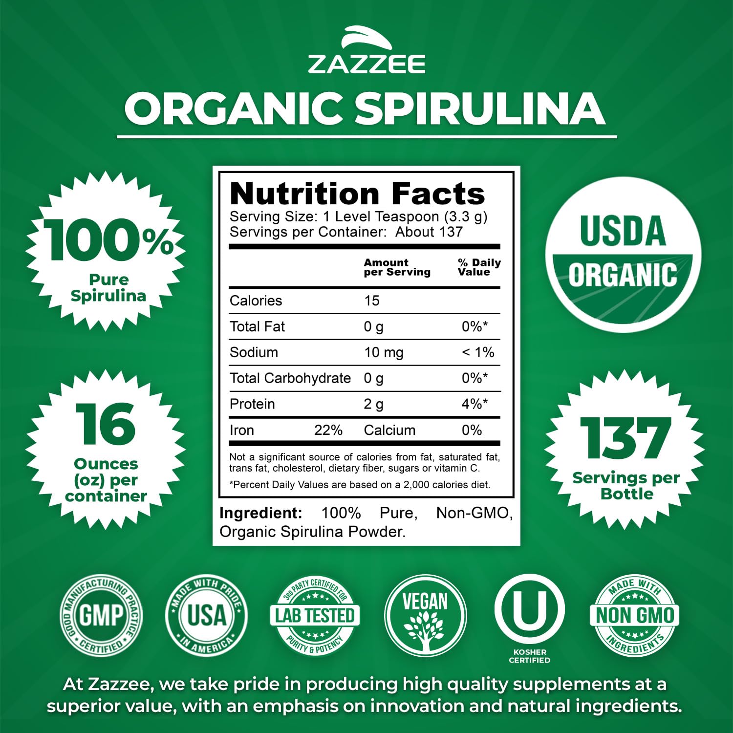 Polvo de Spirulina 100% puro para smoothies y bebidas saludables.