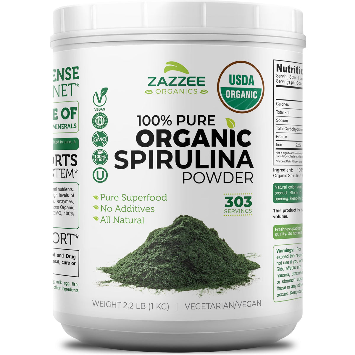 Zazzee Spirulina polv0 en envase boca ancha, fácil de medir para batidos diarios.
