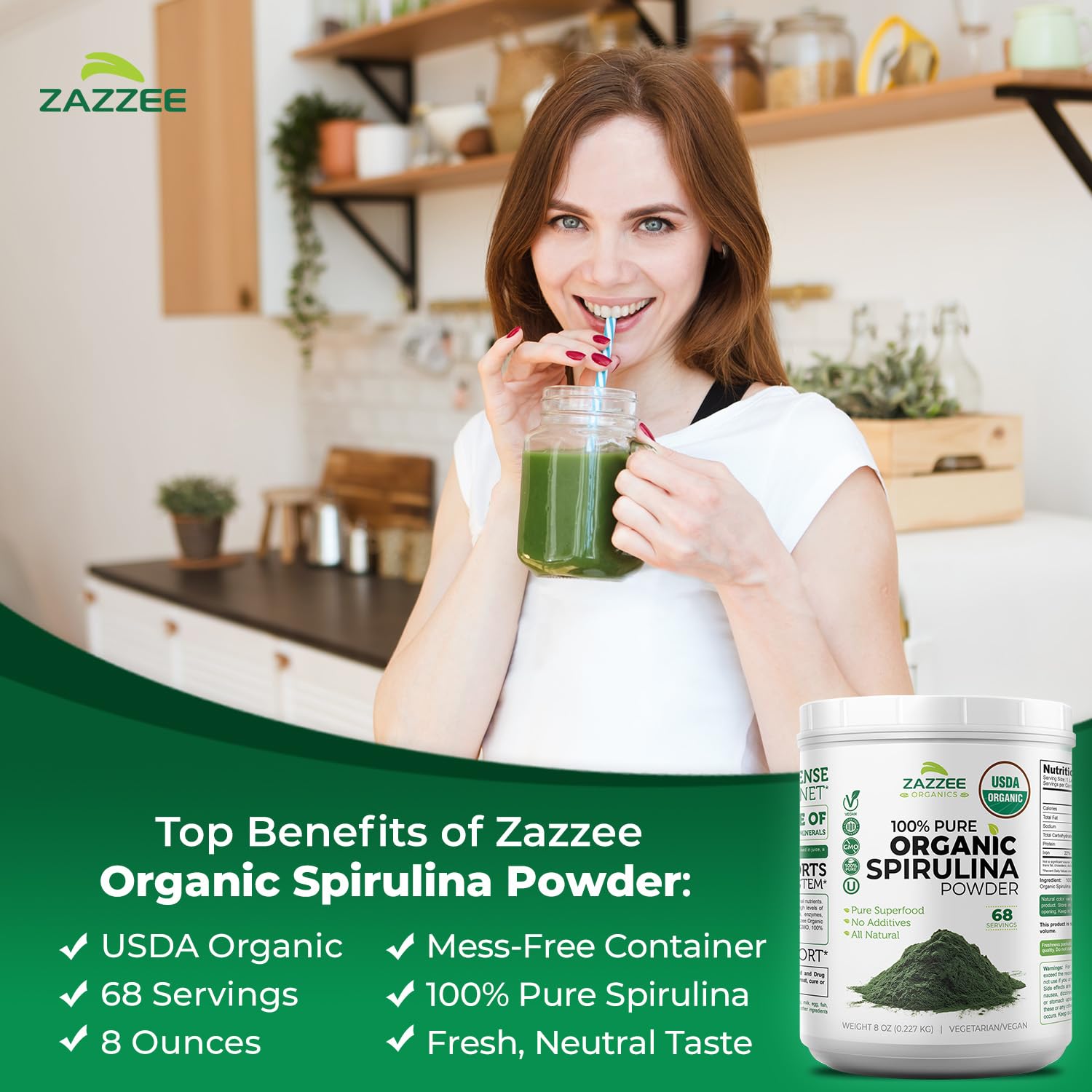Zazzee Spirulina con sabor neutro y aroma fresco para mezclar