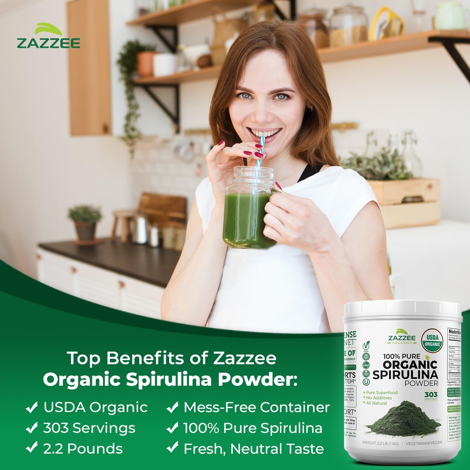 Zazzee Spirulina sabor neutro, mezcla fácil en bebidas y comidas.