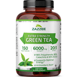 Zazzee té verde extra fortaleza: cápsulas de extracto 20:1 para conveniencia diaria.