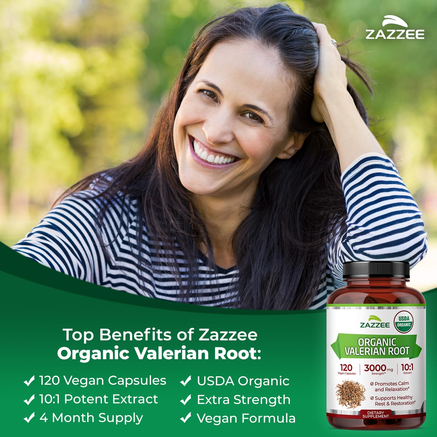 Valeriana orgánica Zazzee vegana y no-GMO, opción limpia para relajación suave.