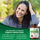Valeriana orgánica Zazzee vegana y no-GMO, opción limpia para relajación suave.