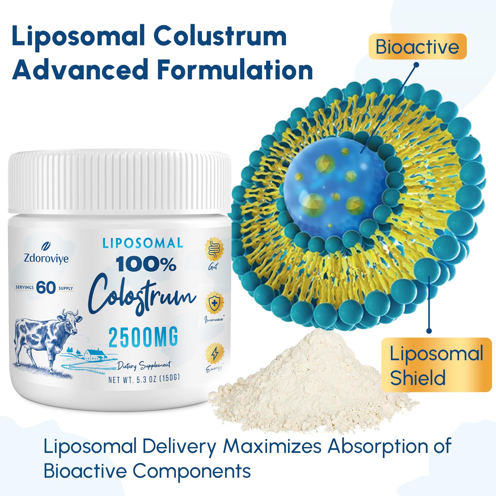 Zdoroviye Colostro Bovino liposomal, cuchara medidora para medir porciones.