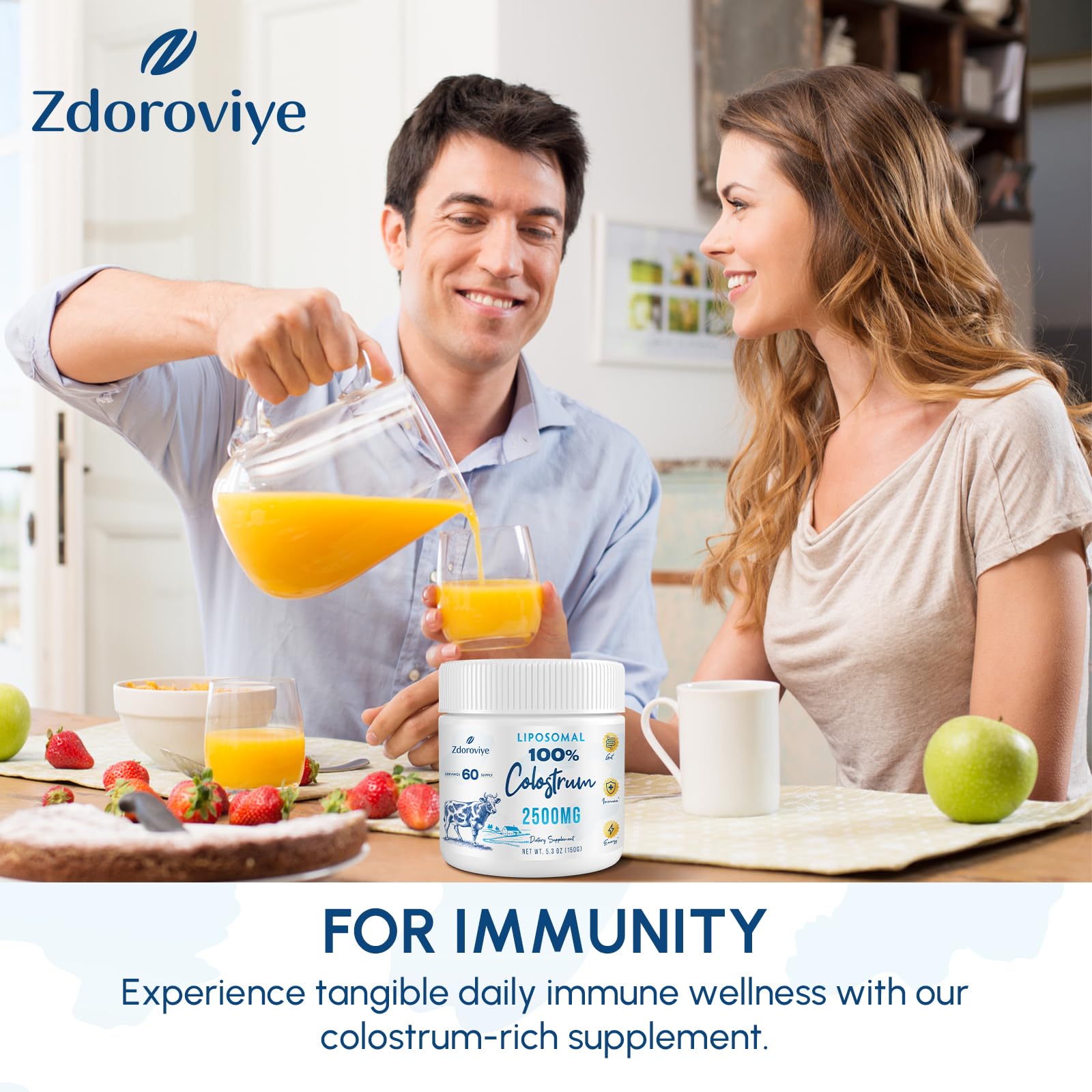 Zdoroviye Colostro Bovino liposomal, polvo en vaso facilita mezclas diarias.