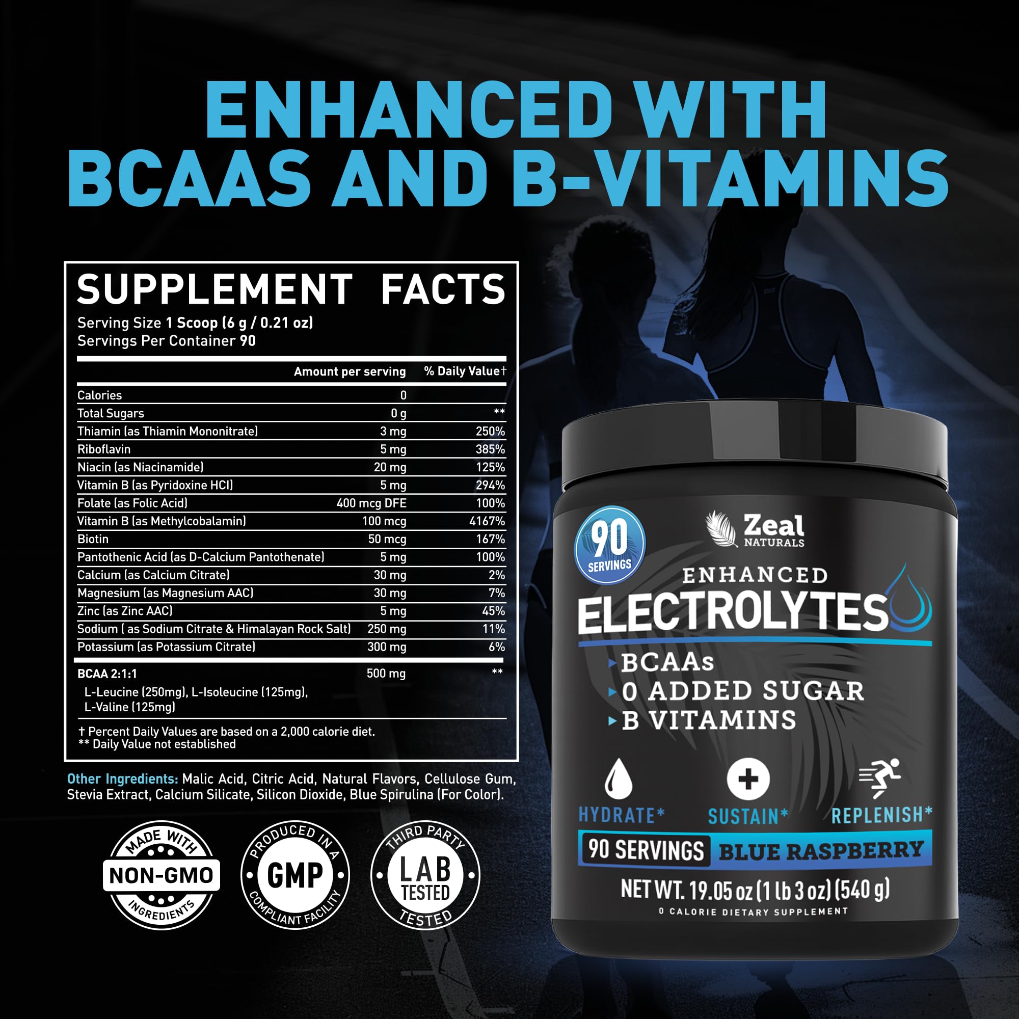Zeal Electrolyte Powder: sabor arándano azul en vaso, refrescante y sin azúcar.