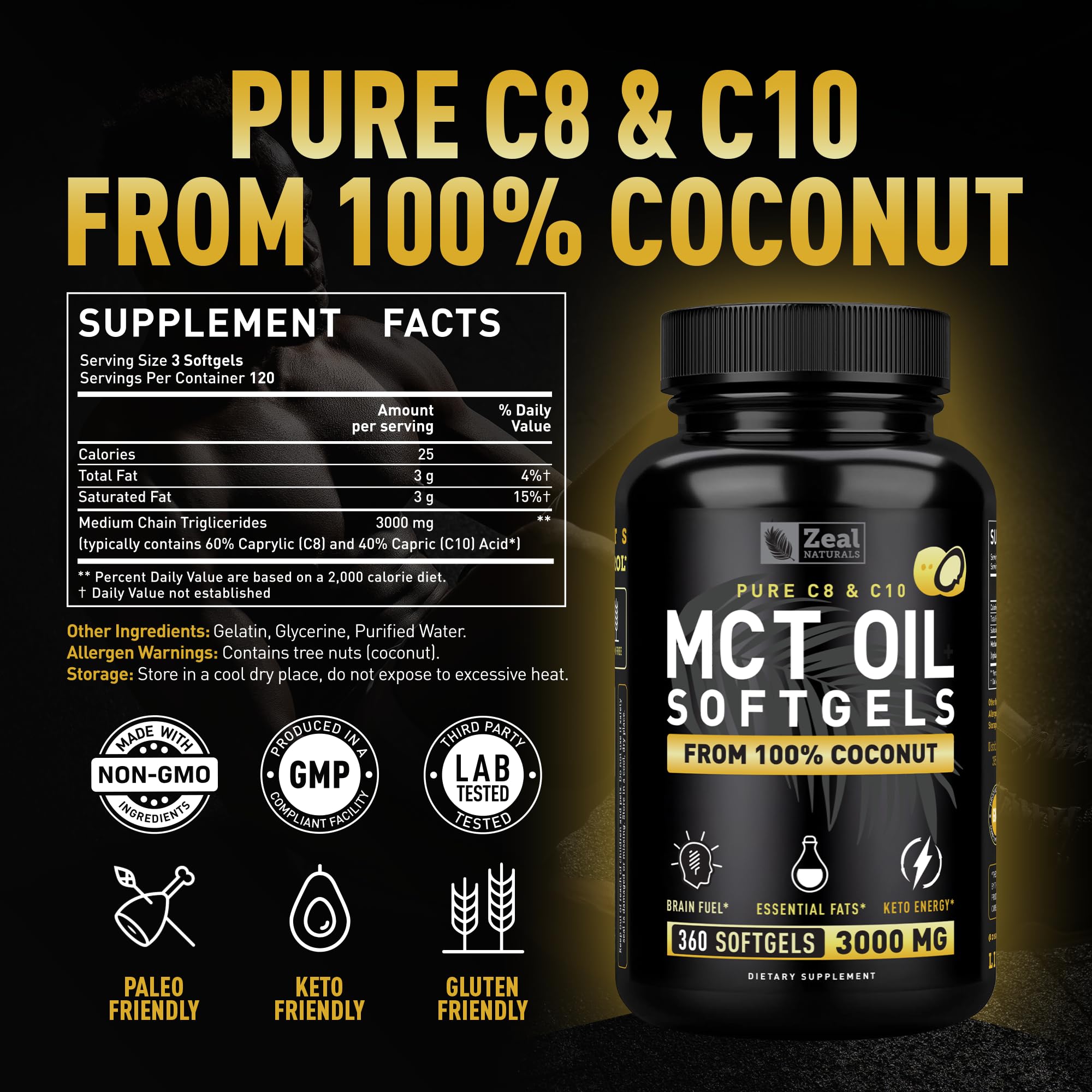 Cápsulas MCT Zeal Naturals en primer plano, apoyo para concentración.