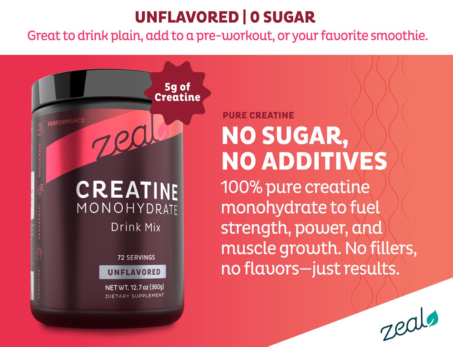 Zeal Naturals Creatina Monohidrato con cucharilla para porciones precisas