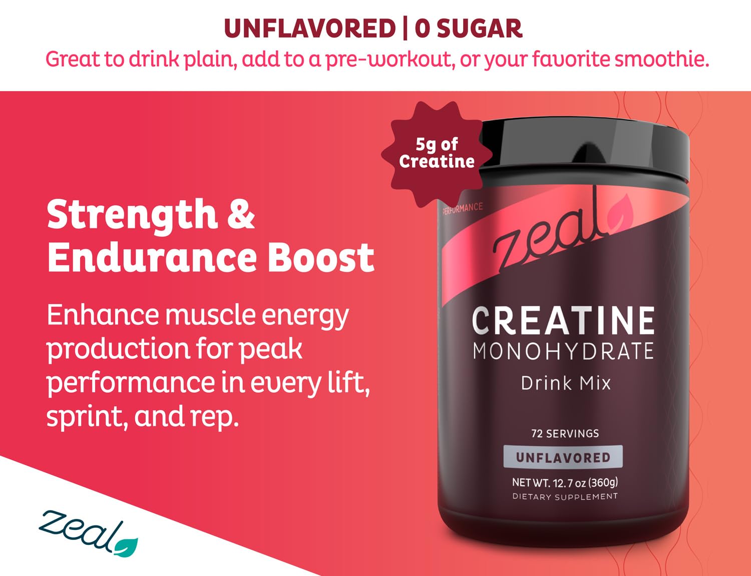 Zeal Naturals Creatina Monohidrato polvo sin sabor se mezcla fácilmente