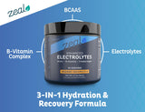 Polvo Zeal, cuchara medidora visible, disolución rápida en agua.