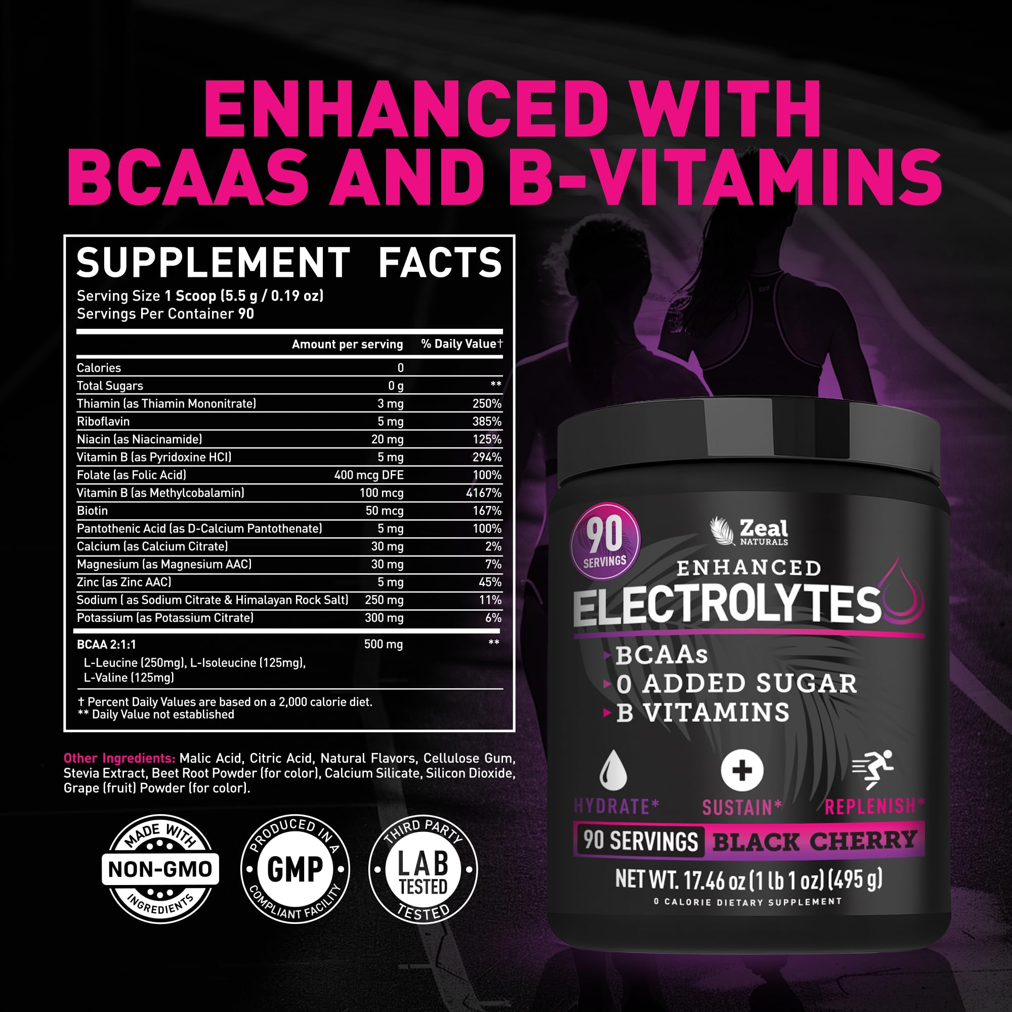 Etiqueta de Zeal polvos electrolitos con sabor cereza negra.