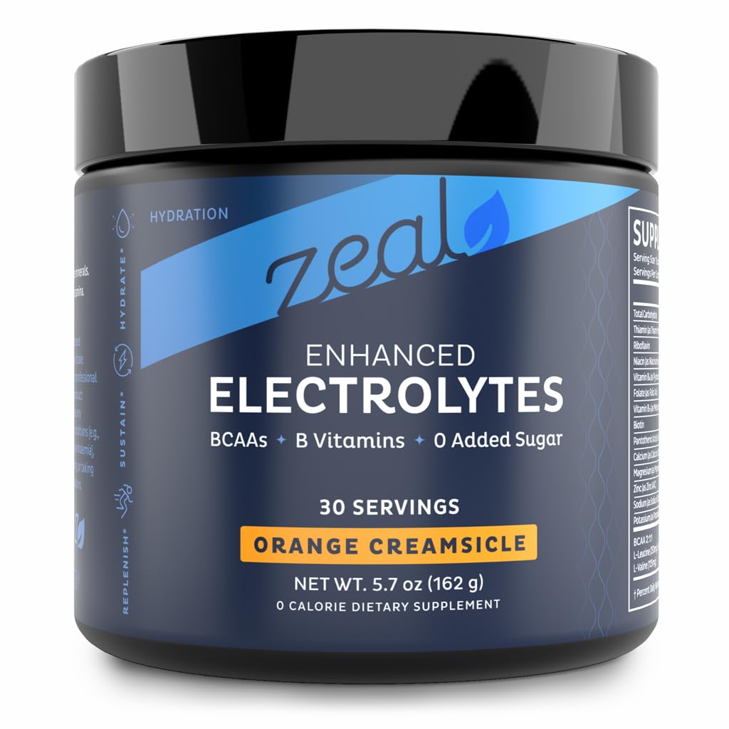 Polvo electrolito Zeal, empaque frontal, hidratación práctica para entrenamientos.