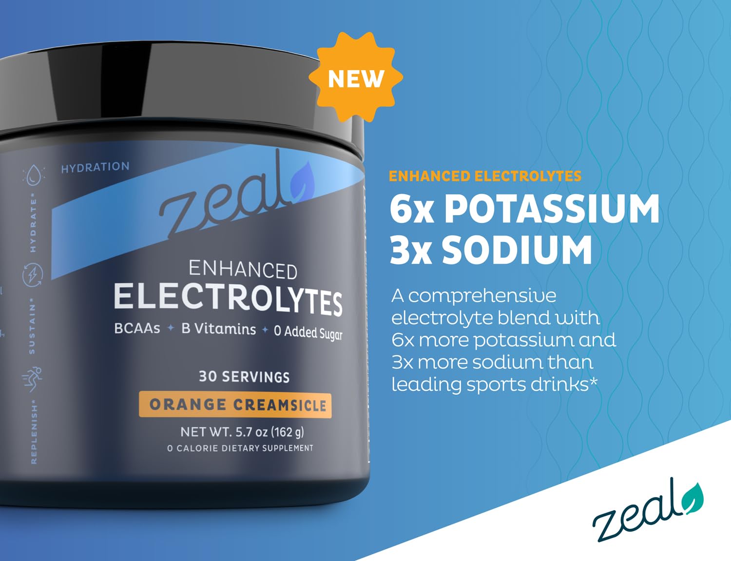 Polvo electrolito Zeal, envase 30 porciones, conveniente para entrenamientos largos.