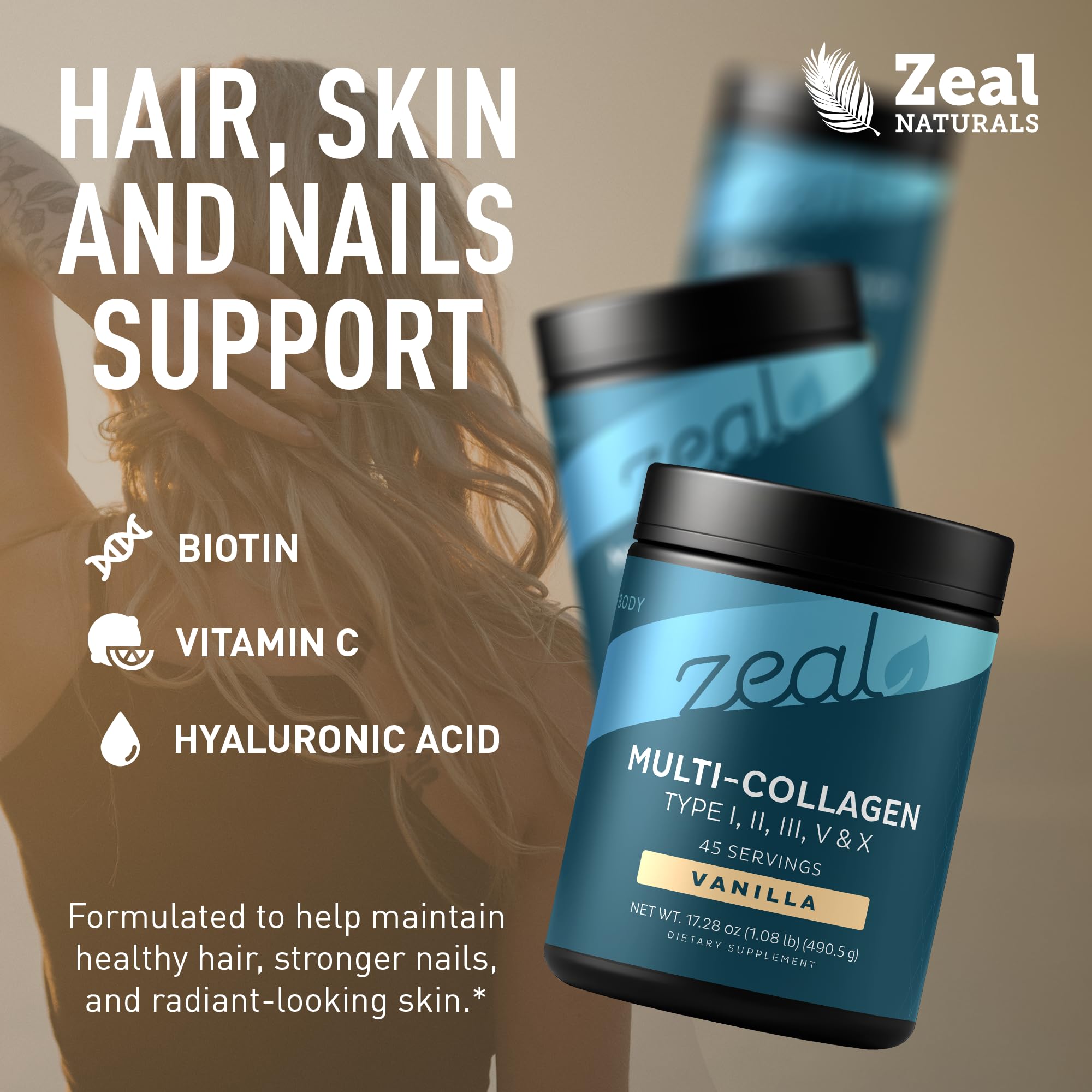Zeal Naturals polvo de colágeno vainilla, para cabello, piel y uñas