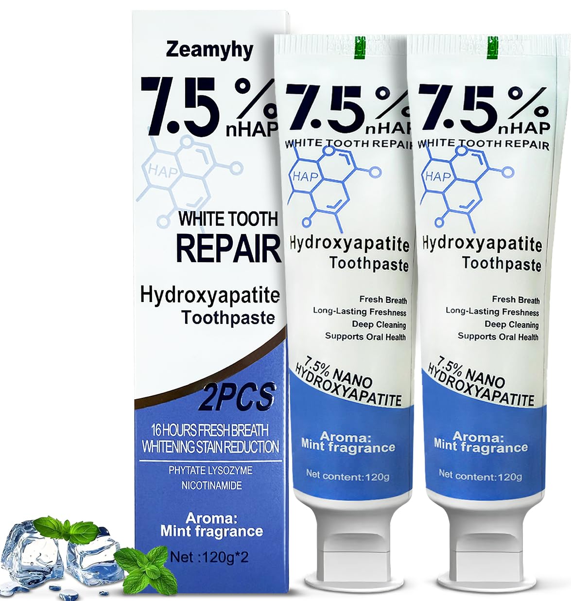 Zeamyhy con hidroxiapatita en envase, protege el esmalte durante el uso diario