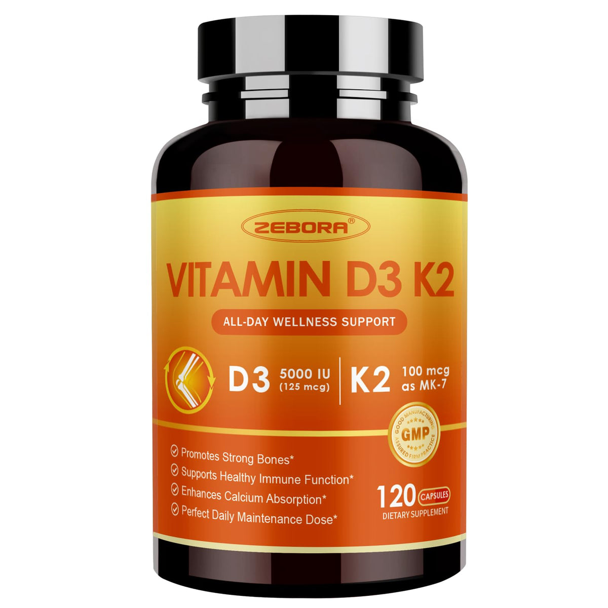 Botella de ZEBORA con vitamina D3 y K2 para huesos fuertes