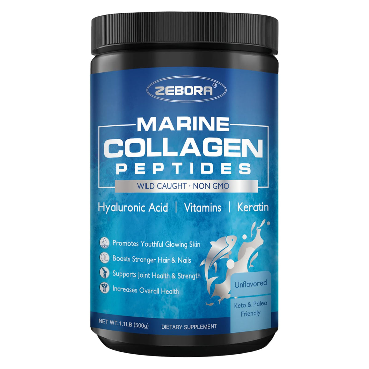 ZEBORA Colágeno Marino: pote de polvo para uso diario en belleza y bienestar.