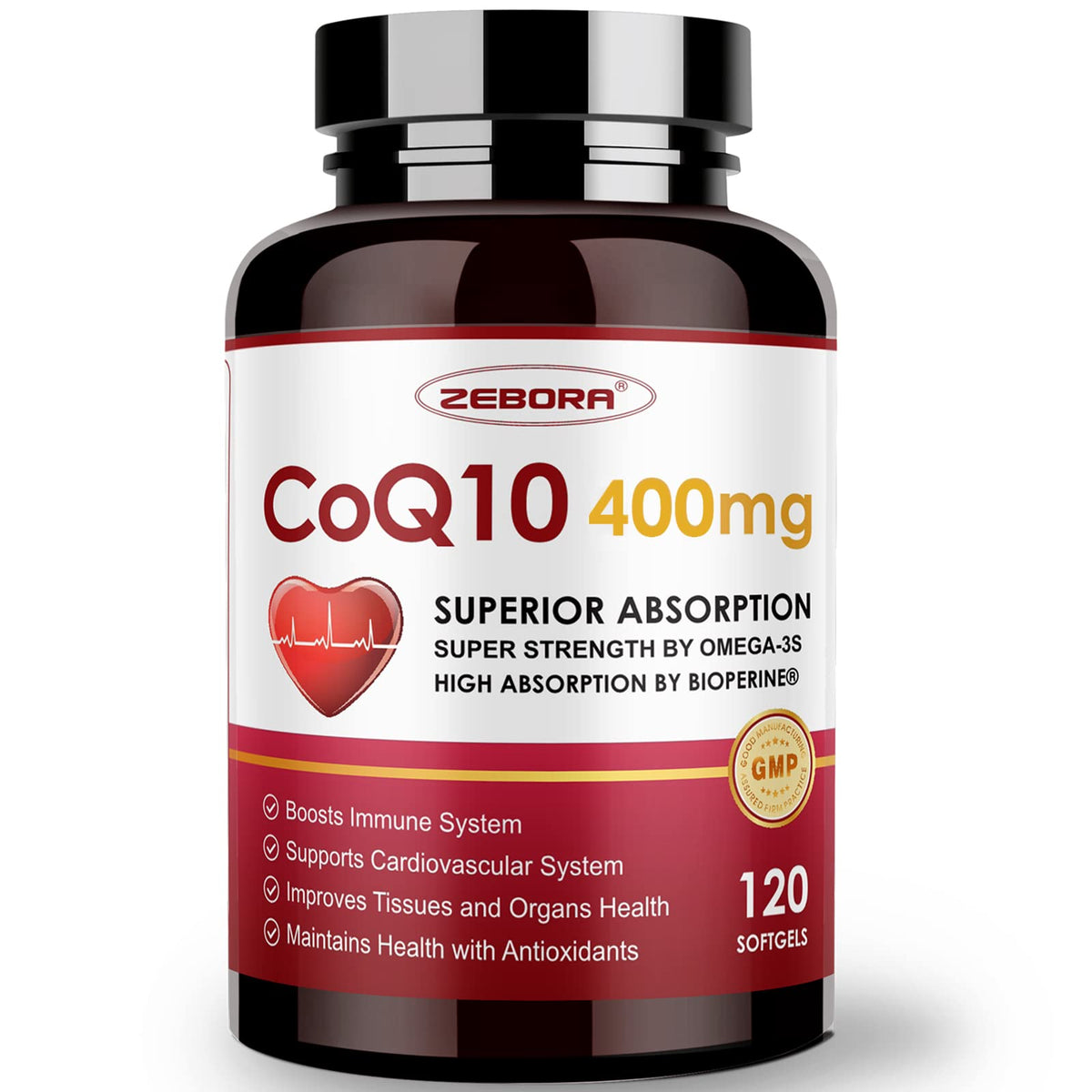 ZEBORA CoQ10 400 mg botella frontal, apoyo a la energía diaria.