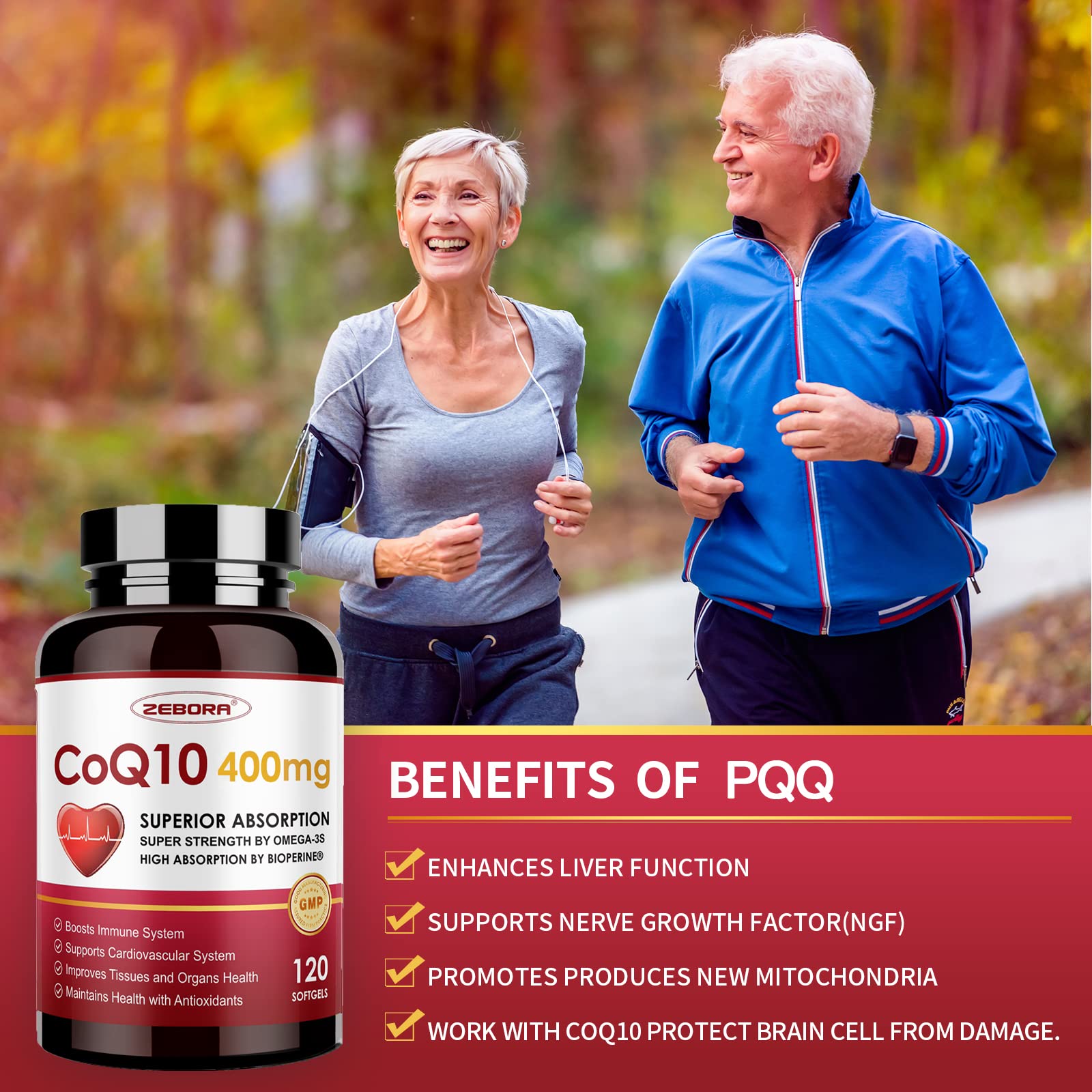 CoQ10 con PQQ y BioPerine, absorción optimizada.