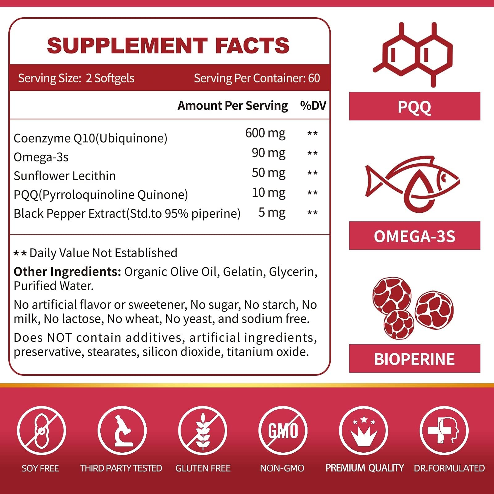Etiqueta de ZEBORA CoQ10 con resumen de ingredientes clave
