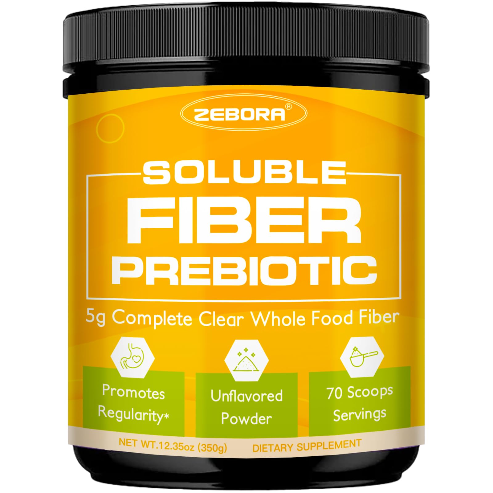 ZEBORA fibra soluble sin sabor con acacia en envase, apoyo digestivo suave.