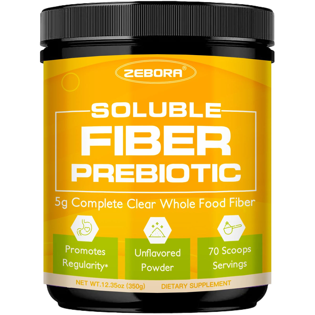 ZEBORA fibra soluble sin sabor con acacia en envase, apoyo digestivo suave.