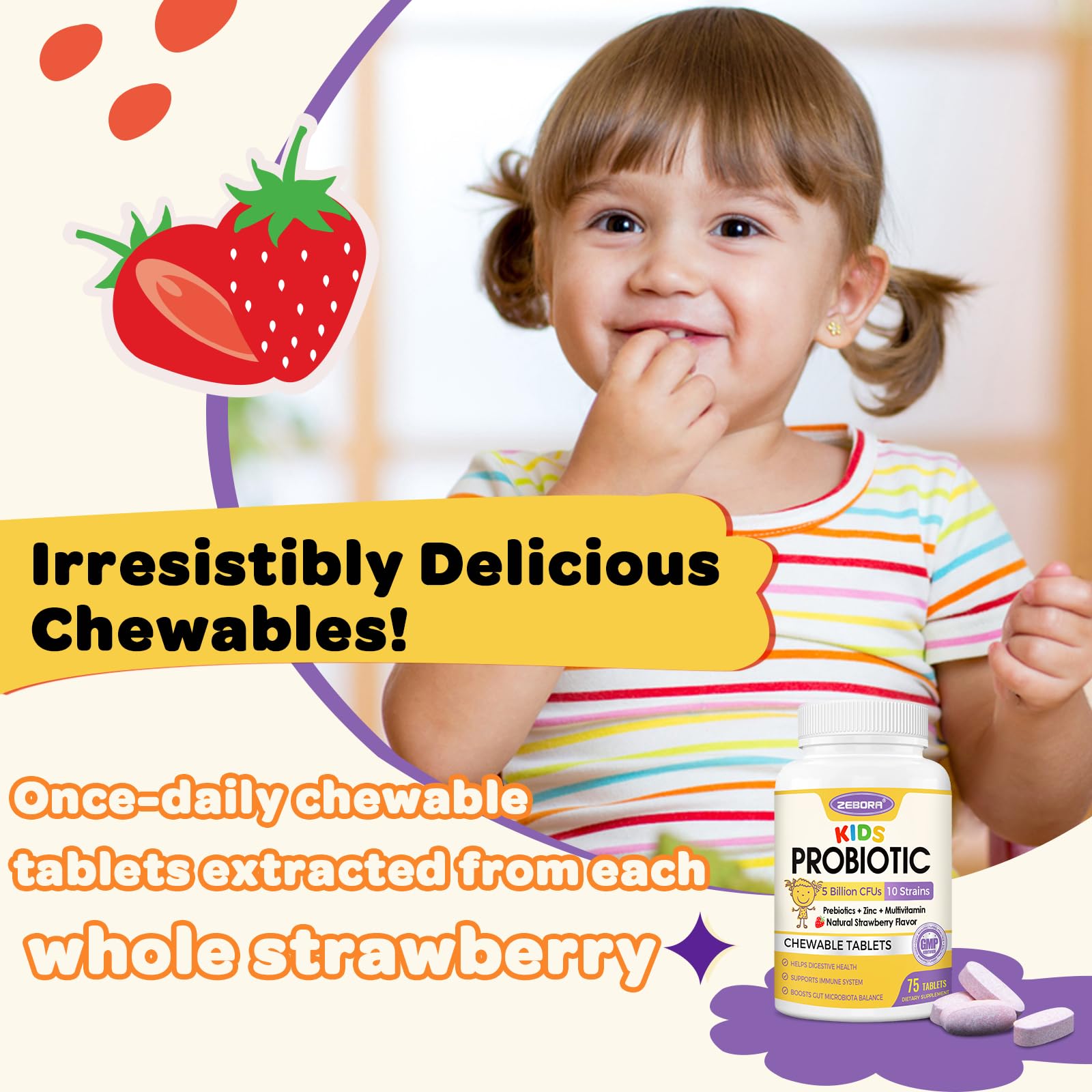 ZEBORA Kids Probiotic Chewables cierre hermético, mantiene la frescura y estabilidad.