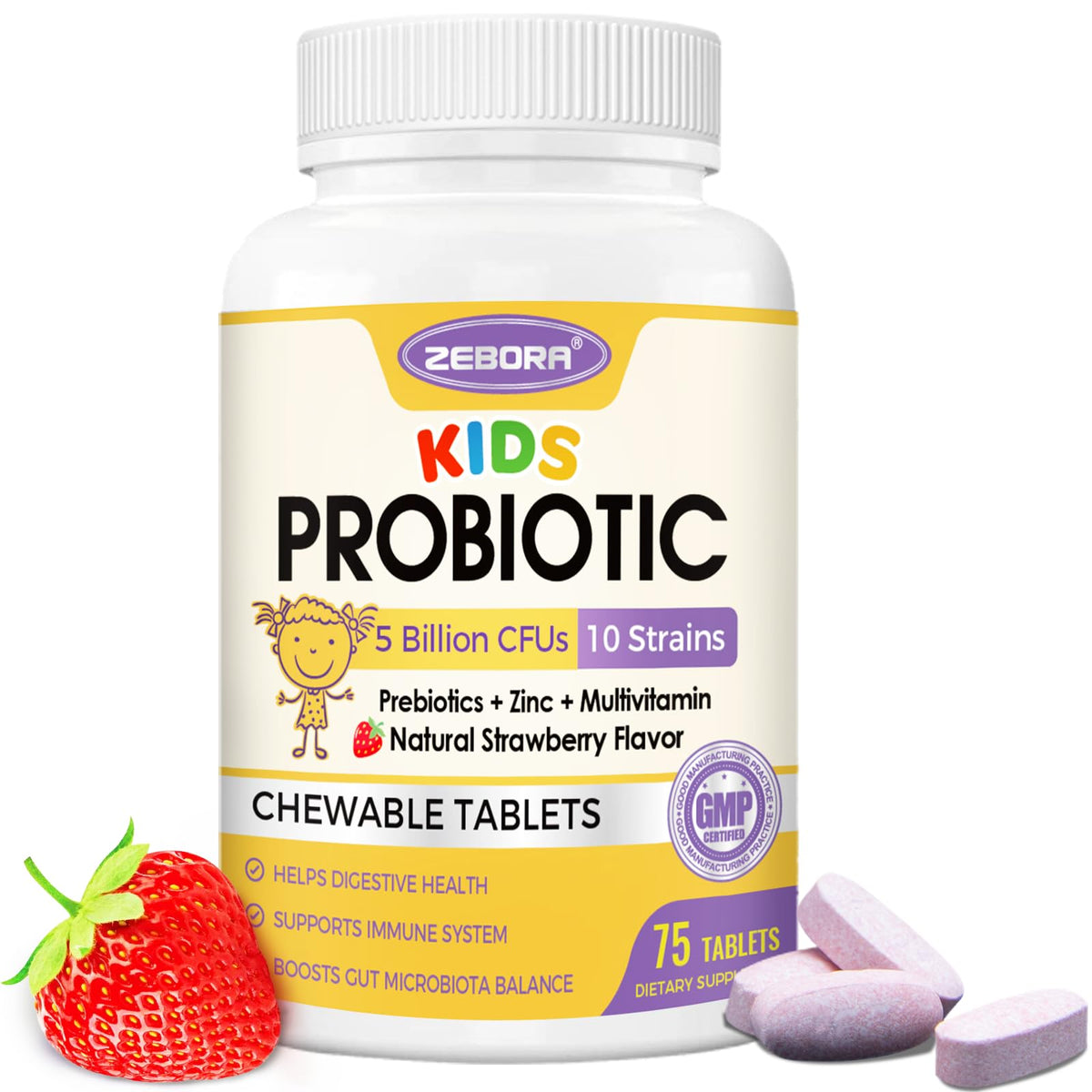 ZEBORA Kids Probiotic Chewables frascos, soporte digestivo práctico para niños activos.