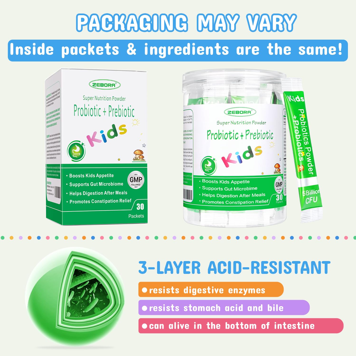 ZEBORA Kids Probiotic prebióticos-organicos: alimentan bacterias benéficas.