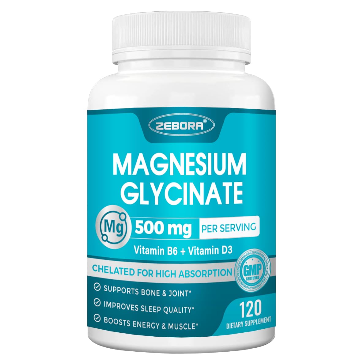 ZEBORA magnesio glicinato 500mg – botella de cápsulas para soporte muscular y energía sostenida.