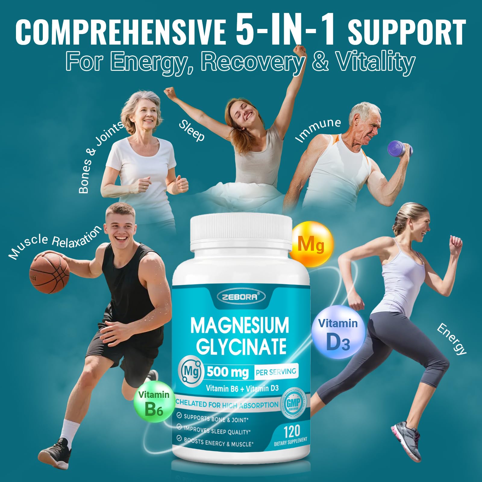 ZEBORA etiqueta mostrando vitaminas B6 y D3 para mayor absorción.